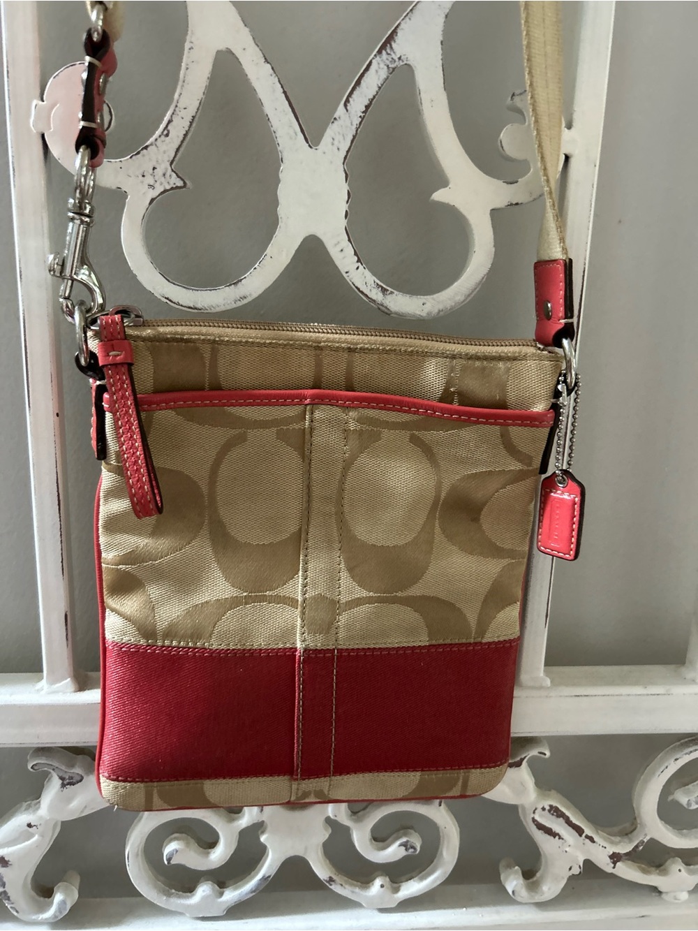 Coach Signature File Crossbody Bag Khaki Coral Pink Canvas Leather Trim 10129